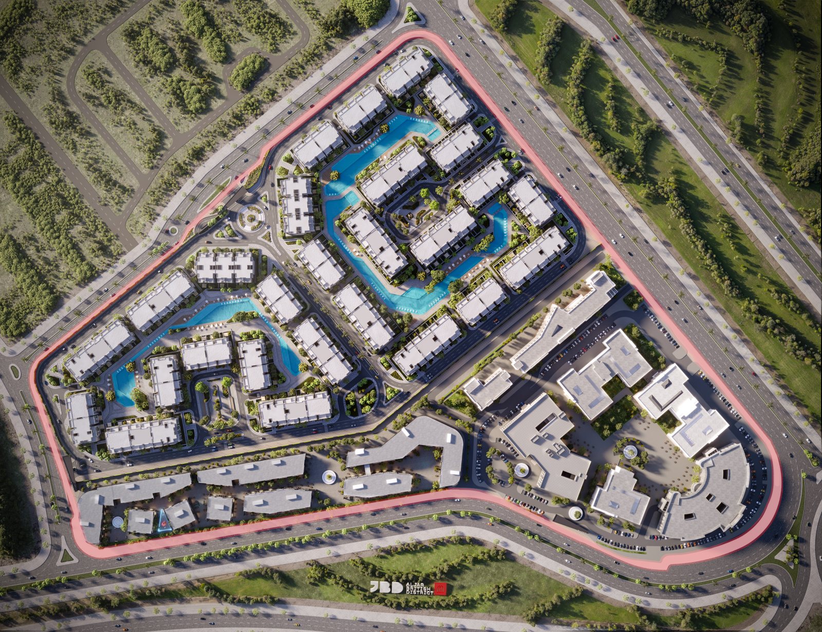 Al Jar British District masterplan showing residential clusters, pools and the commercial quarter
